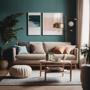 An image showcasing a cozy living room with walls painted in refreshing hues, displaying flawless brush strokes and accentuating the room's elegant decor