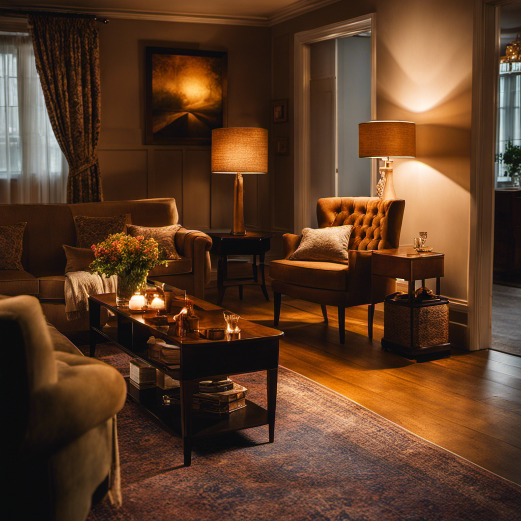 An image of a beautifully lit living room in York, featuring a warm glow emanating from strategically placed floor and table lamps, casting gentle shadows and highlighting the exquisite furniture and artwork