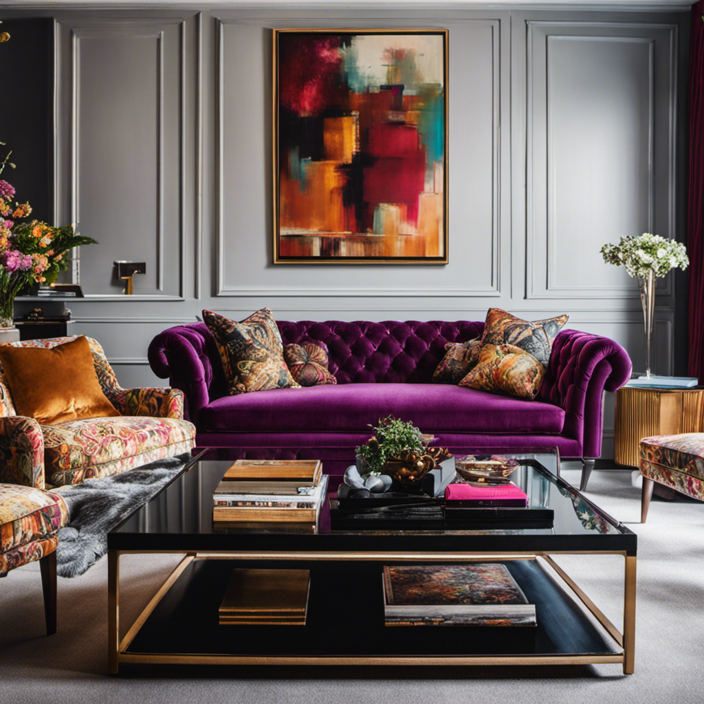  Capture the essence of elegant home interiors in York by showcasing a vibrant living room with a plush velvet sofa adorned with contrasting patterned cushions, a sleek modern coffee table, and an exquisite floor-to-ceiling art piece