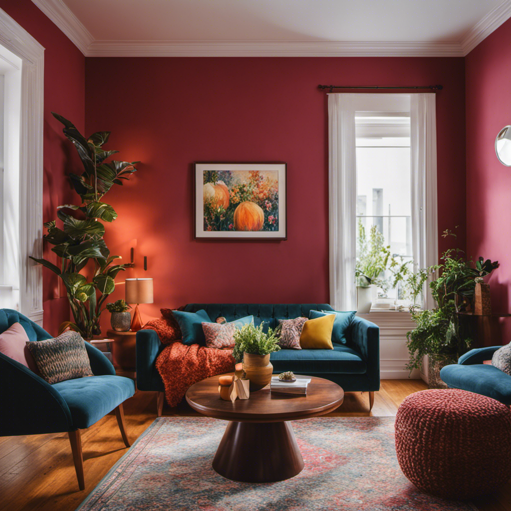 An image showcasing a cozy living room, meticulously painted in vibrant hues by skilled residential painters