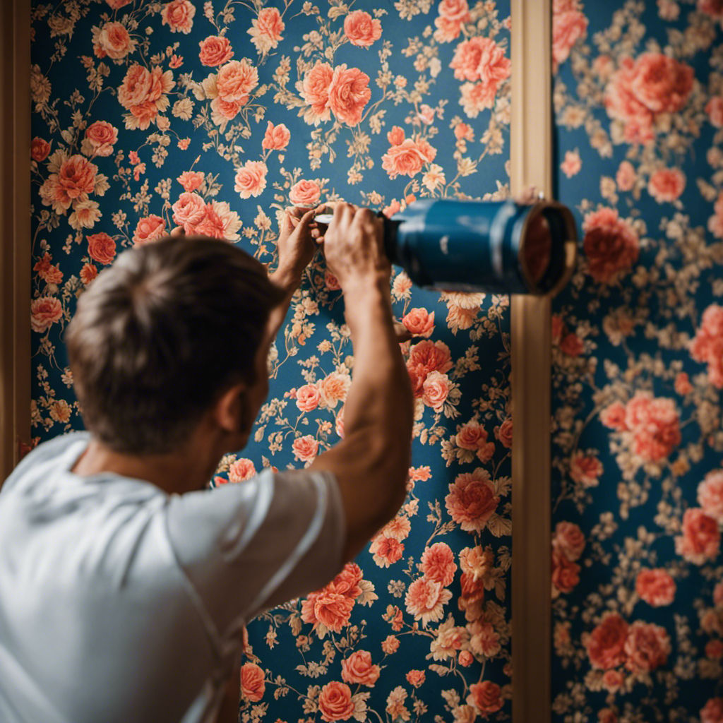 An image showcasing a skilled painter in York meticulously aligning and smoothing vibrant, patterned wallpaper onto a wall