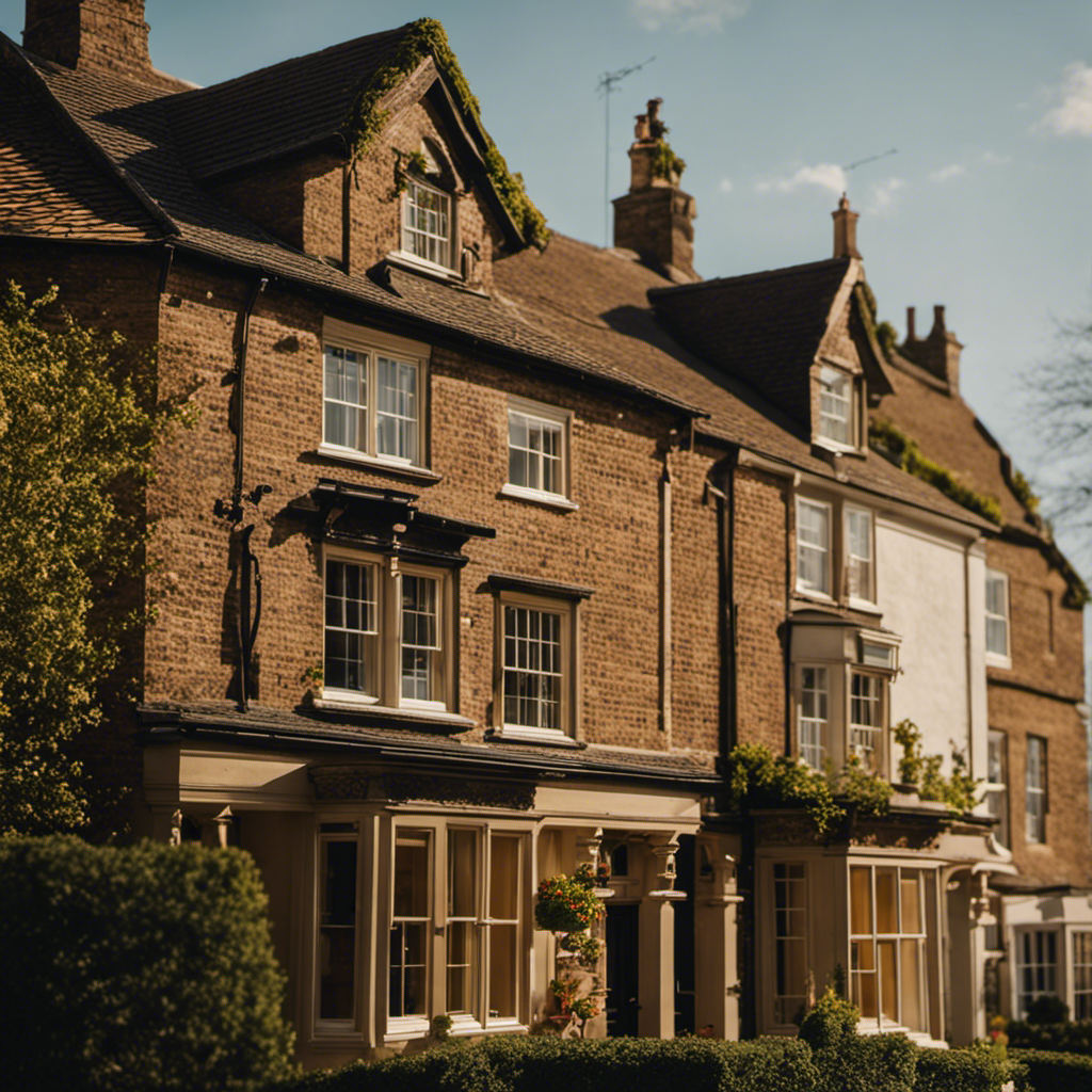 An image showcasing a picturesque house in York, bathed in warm sunlight, with skilled painters diligently applying fresh coats of paint on the exterior