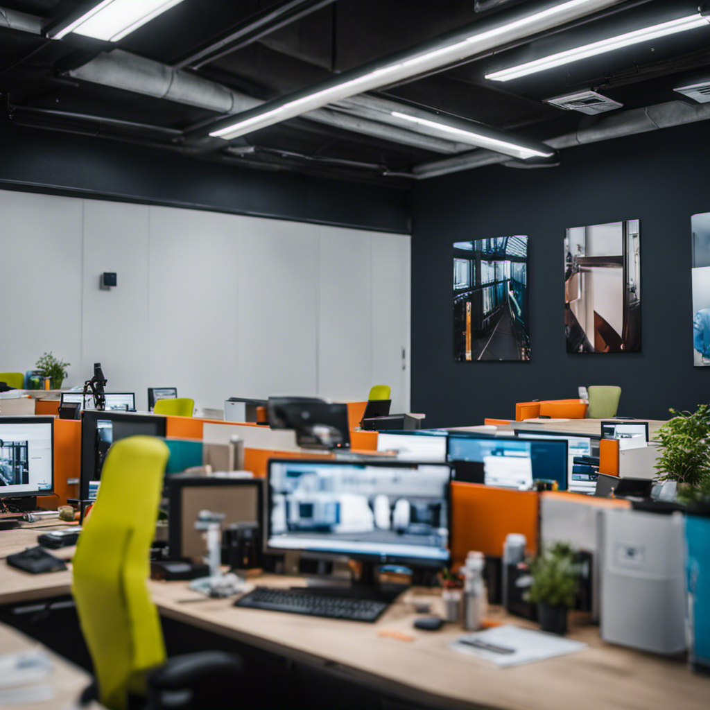 An image showcasing a team of professional commercial painters in York skillfully transforming a dull office space into a vibrant and inviting environment, capturing their precision, attention to detail, and expertise