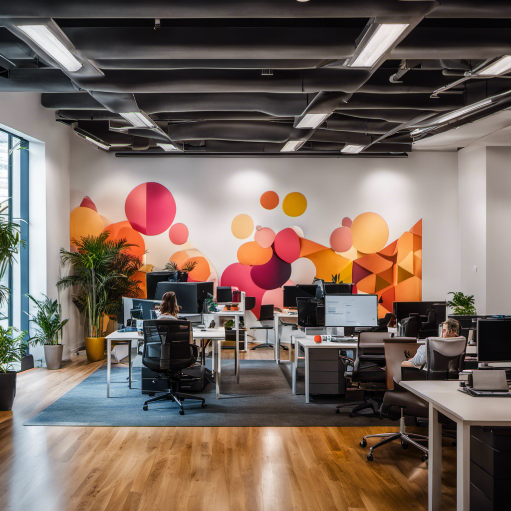 An image showcasing a team of professional commercial painters in York skillfully transforming a dull office space into a vibrant and inviting environment, capturing their precision, attention to detail, and expertise