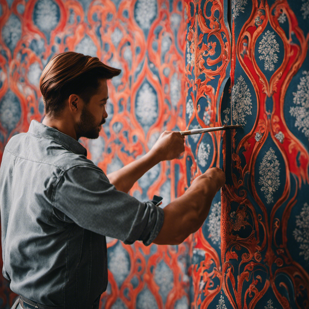 An image showcasing a skilled painter in York meticulously aligning and smoothing vibrant, patterned wallpaper onto a wall