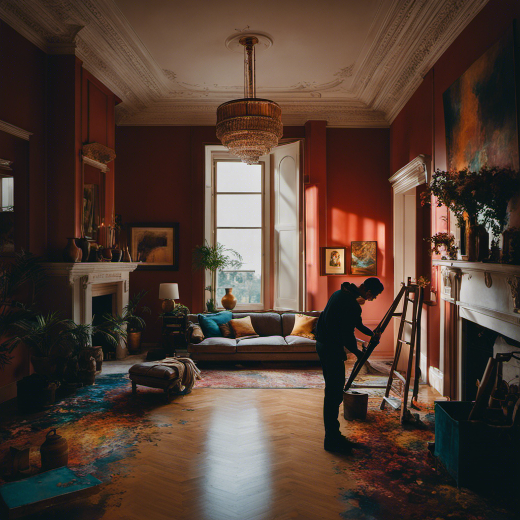 An image that captures the essence of a professional painter meticulously transforming a dull, lifeless room into a vibrant sanctuary, showcasing the intricate brushstrokes and seamless color transitions