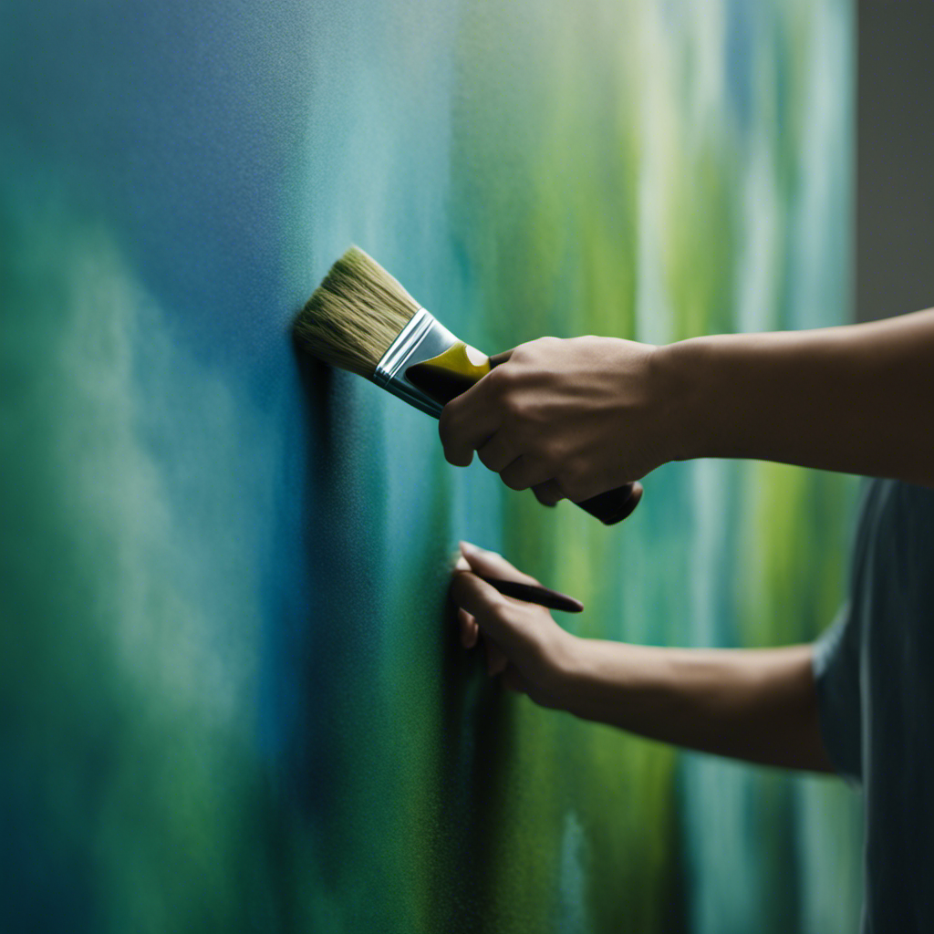 An image showcasing a skilled painter meticulously applying brushstrokes to a wall, expertly blending shades of soothing blues and greens, transforming a dull room into a serene oasis, emanating tranquility and harmony