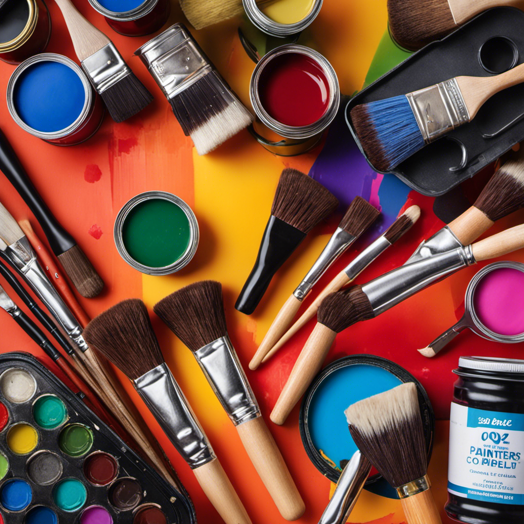 An image showcasing a cost-savvy painter's toolkit, featuring budget-friendly brushes, rollers, and paint trays, alongside discounted cans of high-quality paint in various vibrant colors