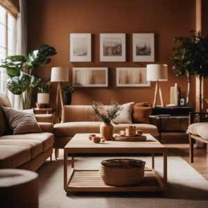 An image showcasing a cozy living room with freshly painted walls in warm, earthy tones