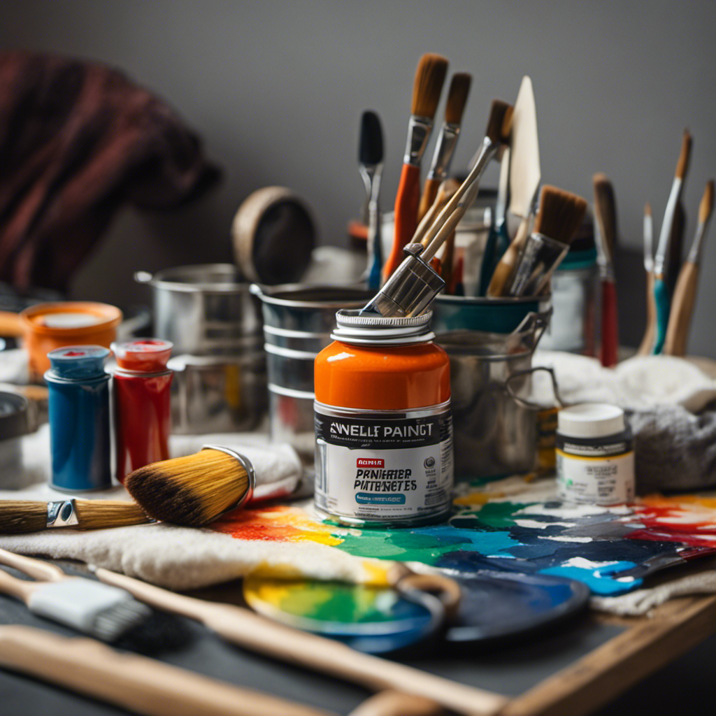 An image showcasing a brush, roller, paint tray, drop cloth, painter's tape, and a can of paint neatly arranged on a table