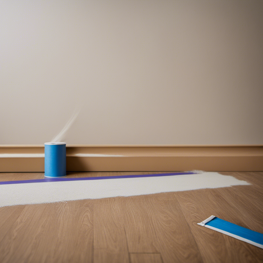 An image featuring a neatly masked baseboard, a drop cloth spread across the floor, and a painter's tape perfectly aligned along the edges of a freshly sanded wall, awaiting a smooth coat of paint