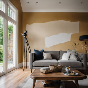 An image showcasing a serene living room with neatly taped edges, drop cloths protecting the furniture, and a skilled painter effortlessly applying smooth strokes of paint onto the walls, exemplifying the easy steps for perfect interior painting in York