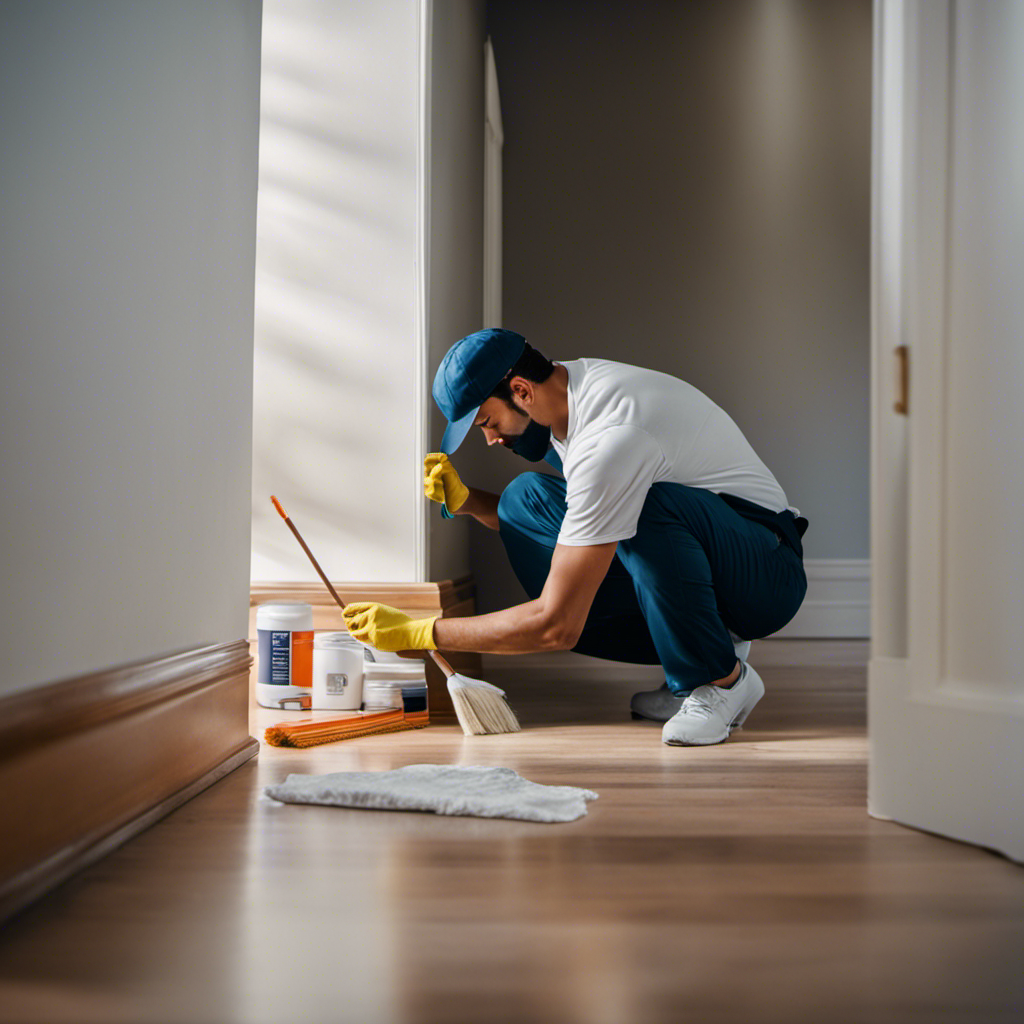 An image of a painter meticulously wiping down baseboards with a clean cloth, while a paint can and brushes sit neatly arranged nearby