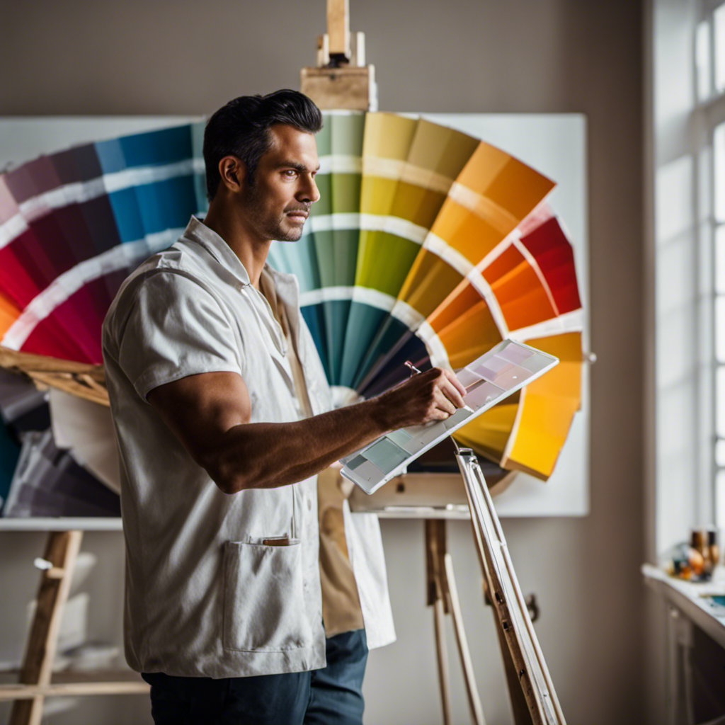 An image showcasing a professional painter holding a color palette and inspecting a flawlessly painted wall in a well-lit room