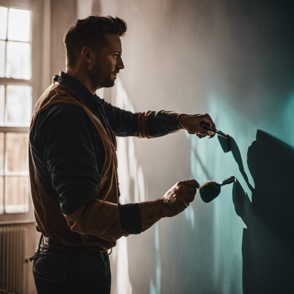 An image showcasing a skilled painter meticulously retouching a wall in a beautifully lit room, capturing the seamless blend of colors and textures