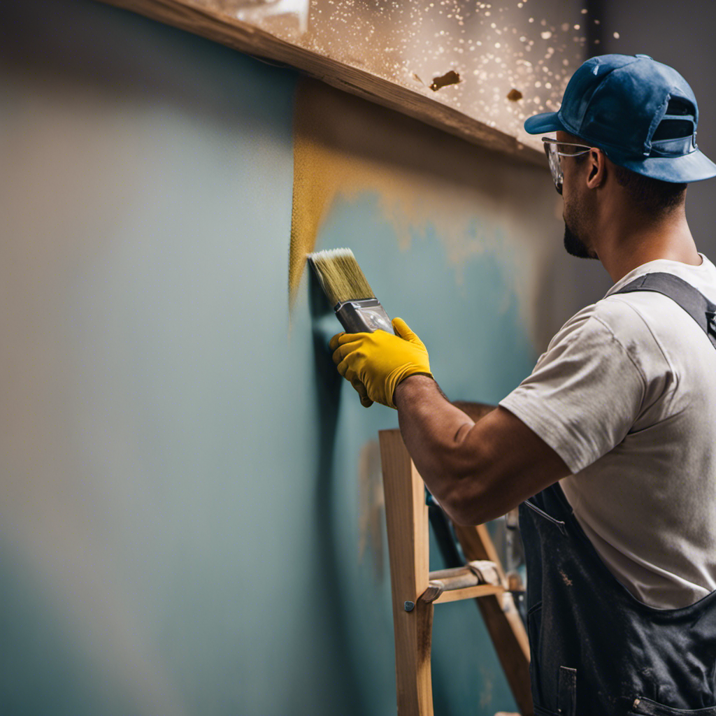 An image capturing a skilled painter meticulously sanding and smoothing a wall, showcasing the intricate process of professional paint repair