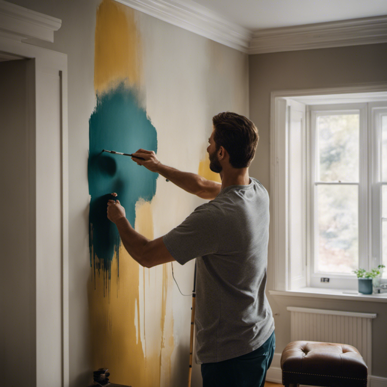 An image showcasing a skilled painter effortlessly blending colors, meticulously applying touch-ups to walls in a York home