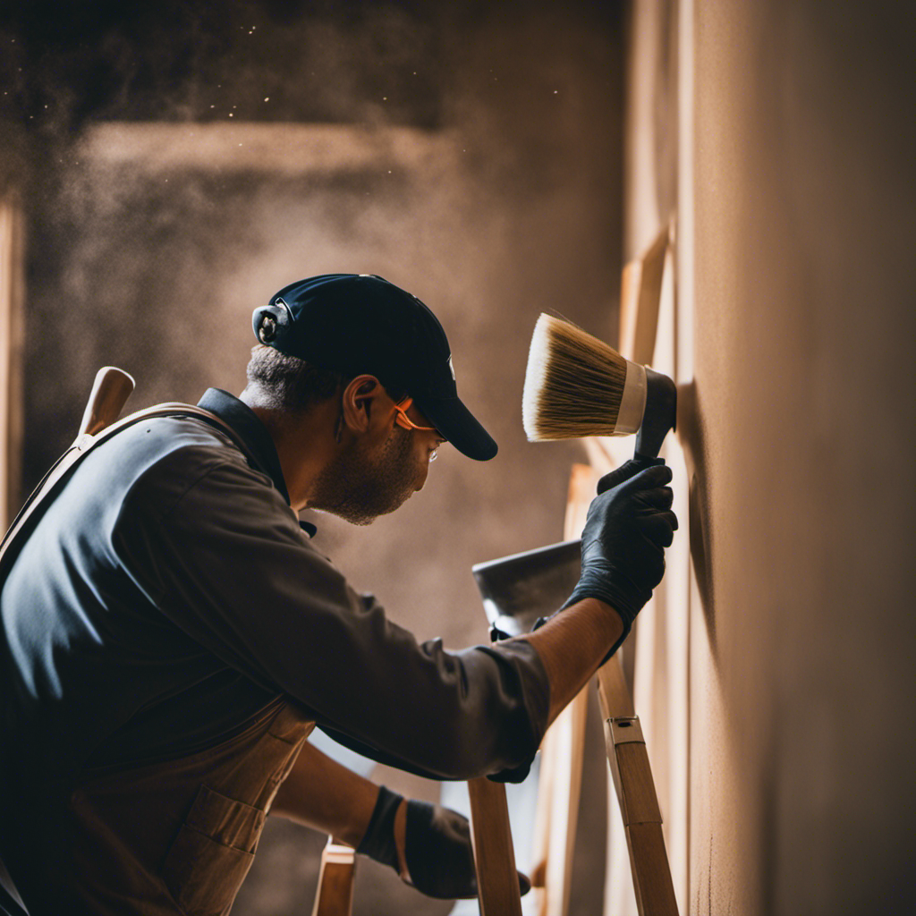 An image showcasing a skilled painter meticulously sanding a wall, removing imperfections and creating a smooth surface