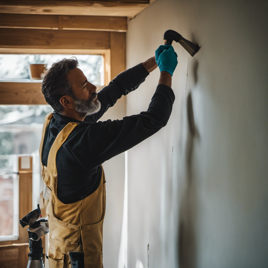 An image depicting a painter meticulously sanding and repairing a wall, applying primer, and caulking gaps before painting, ensuring a flawless finish