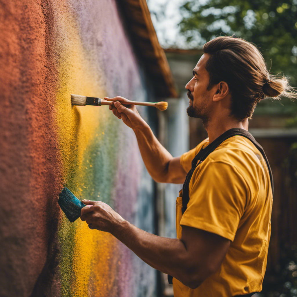 An image showing a skilled painter meticulously applying a fresh coat of paint to a weathered exterior wall, transforming it into a vibrant and flawless surface that enhances the overall beauty of a home