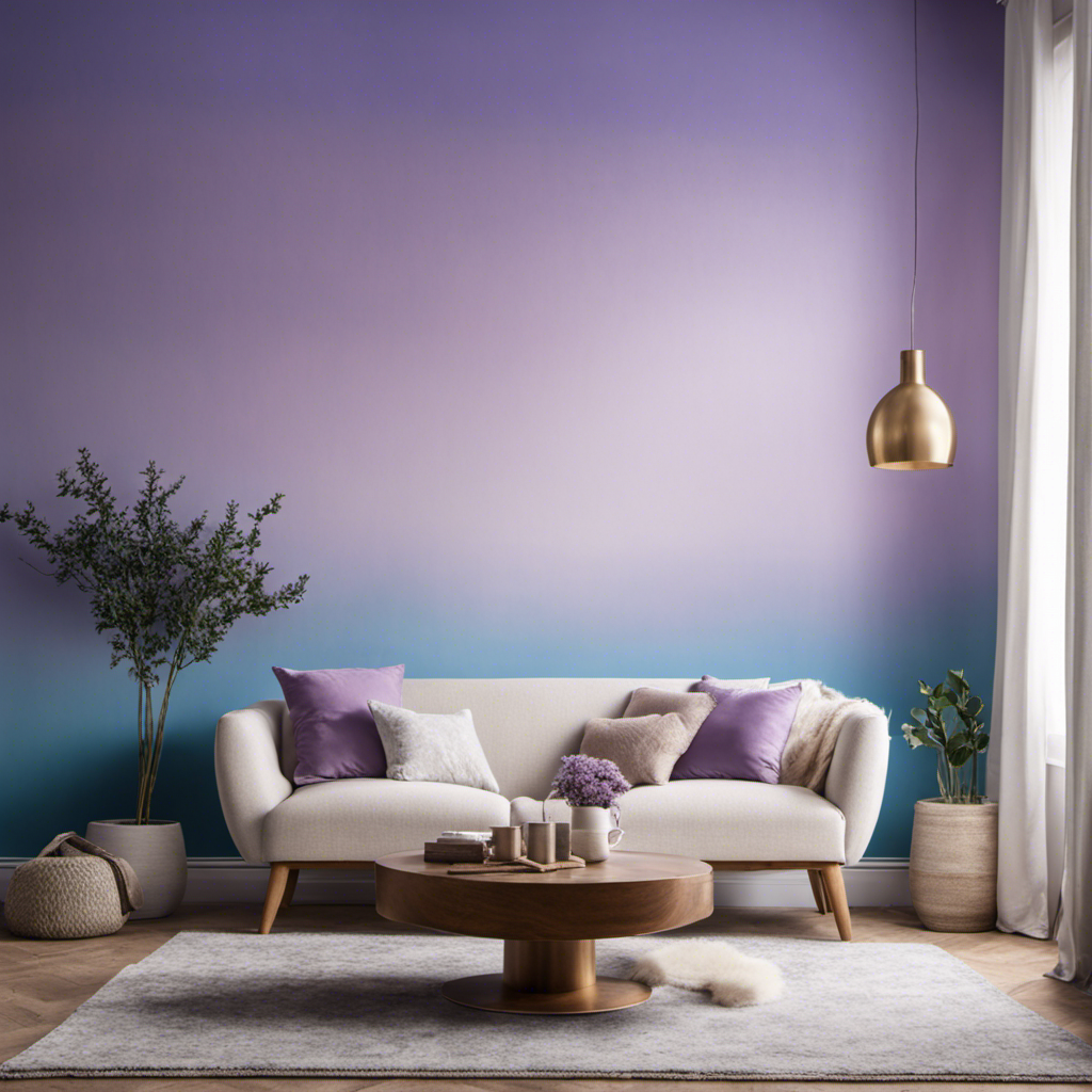 An image showcasing a serene living room transformed with a stunning ombre wall, seamlessly blending hues of sky blue into a soft lavender, highlighting how creative painting techniques can effortlessly elevate your York home