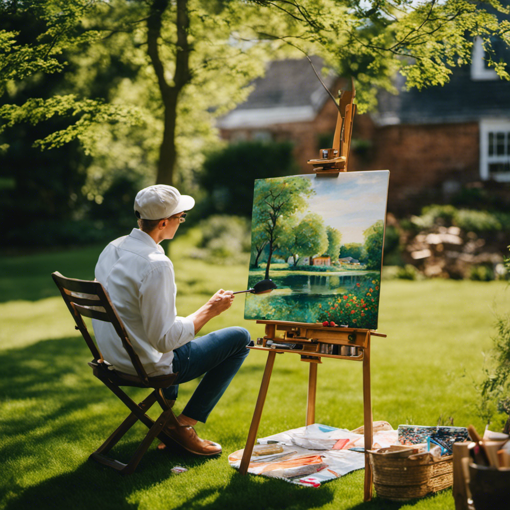 An image showcasing a serene backyard in York, with a vibrant artist comfortably seated under a leafy tree, effortlessly adding intricate brushstrokes to a captivating painting on an easel