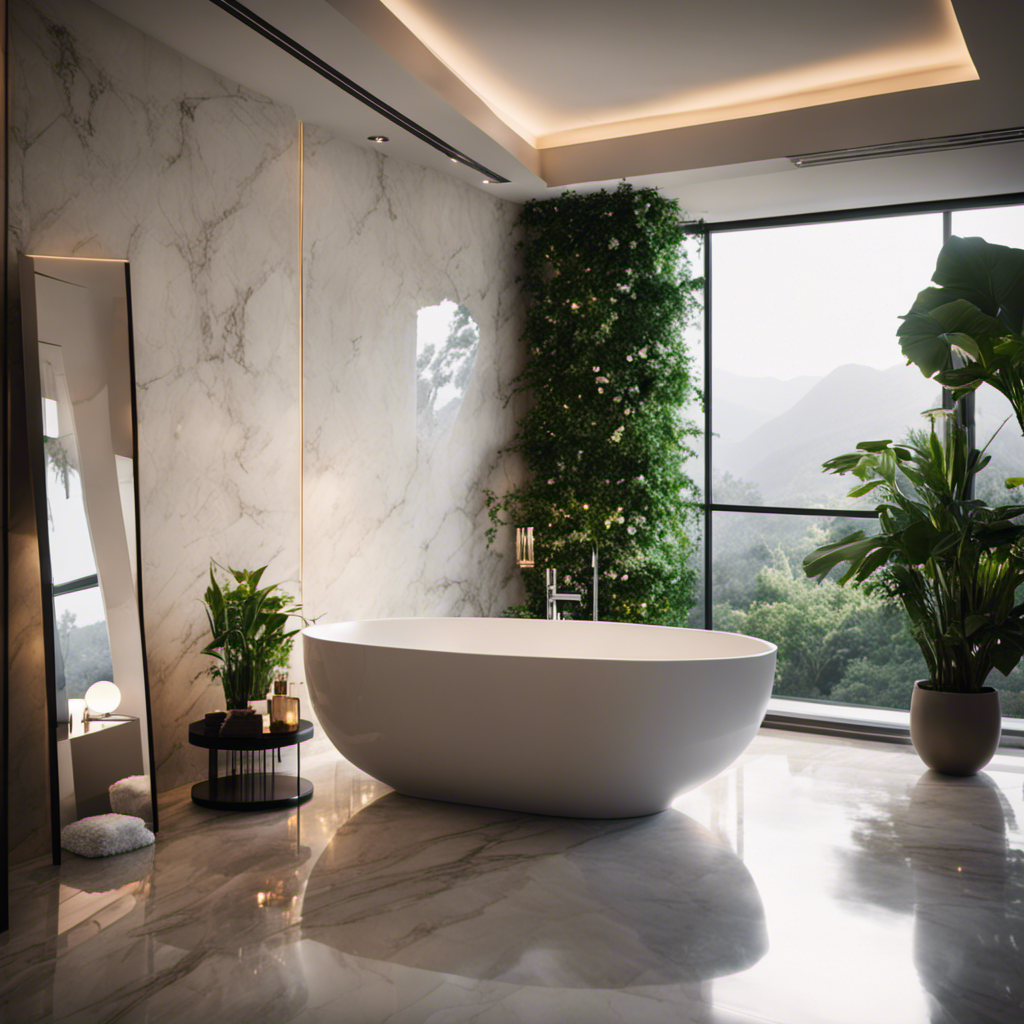 An image featuring a luxurious bathroom with a modern freestanding bathtub surrounded by sleek marble tiles, soft ambient lighting, and a lush indoor plant, exuding tranquility and elegance