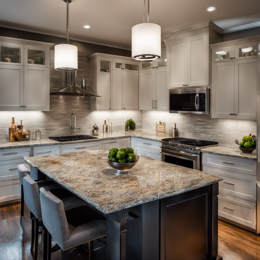 An image of a sleek, modern kitchen with sparkling granite countertops, state-of-the-art appliances, and elegant pendant lighting