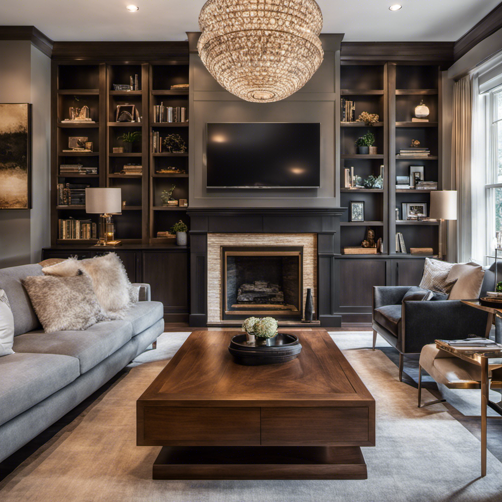  Create an image showcasing a beautifully transformed living room with sleek hardwood floors, elegant recessed lighting, and expertly crafted built-in shelves, highlighting the impeccable craftsmanship and attention to detail offered by professional renovation services in York