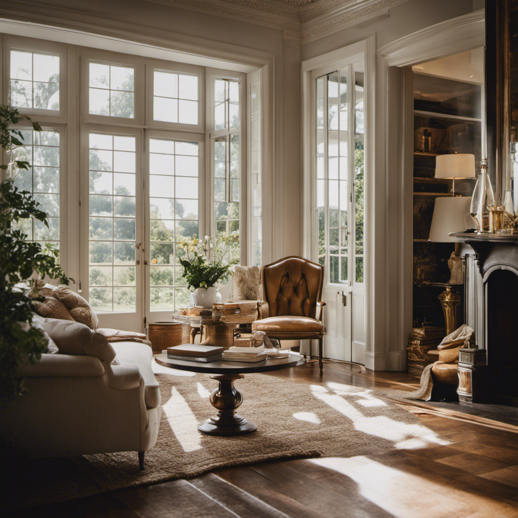  Create an image showcasing a transformed home interior flooded with natural light, highlighting the exquisite craftsmanship of newly renovated windows and doors