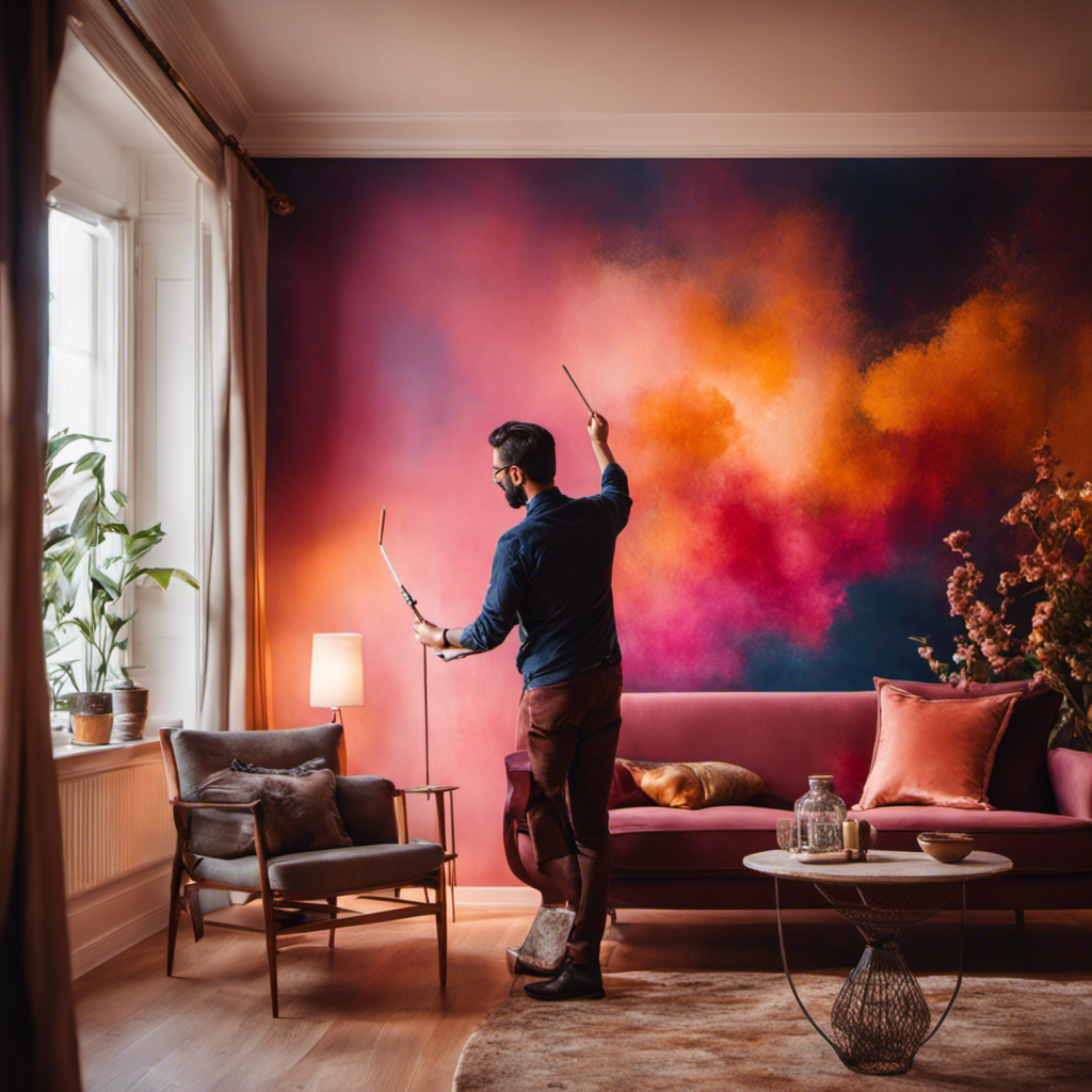 An image featuring a skilled painter delicately applying layers of vibrant paint to the walls of a beautifully lit living room, enhancing the ambiance and transforming the space into a haven of style and sophistication