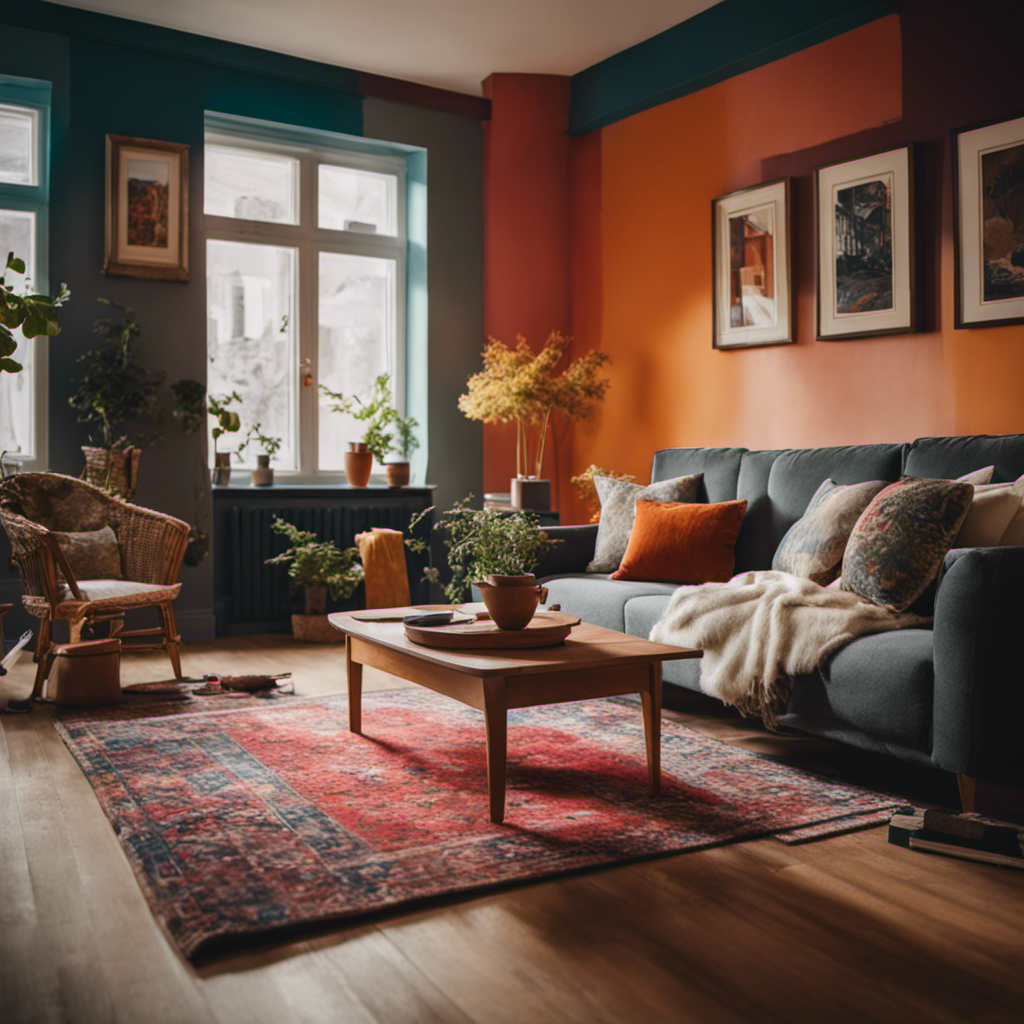 An image of a cozy living room with a skilled painter in action, meticulously applying paint to the walls