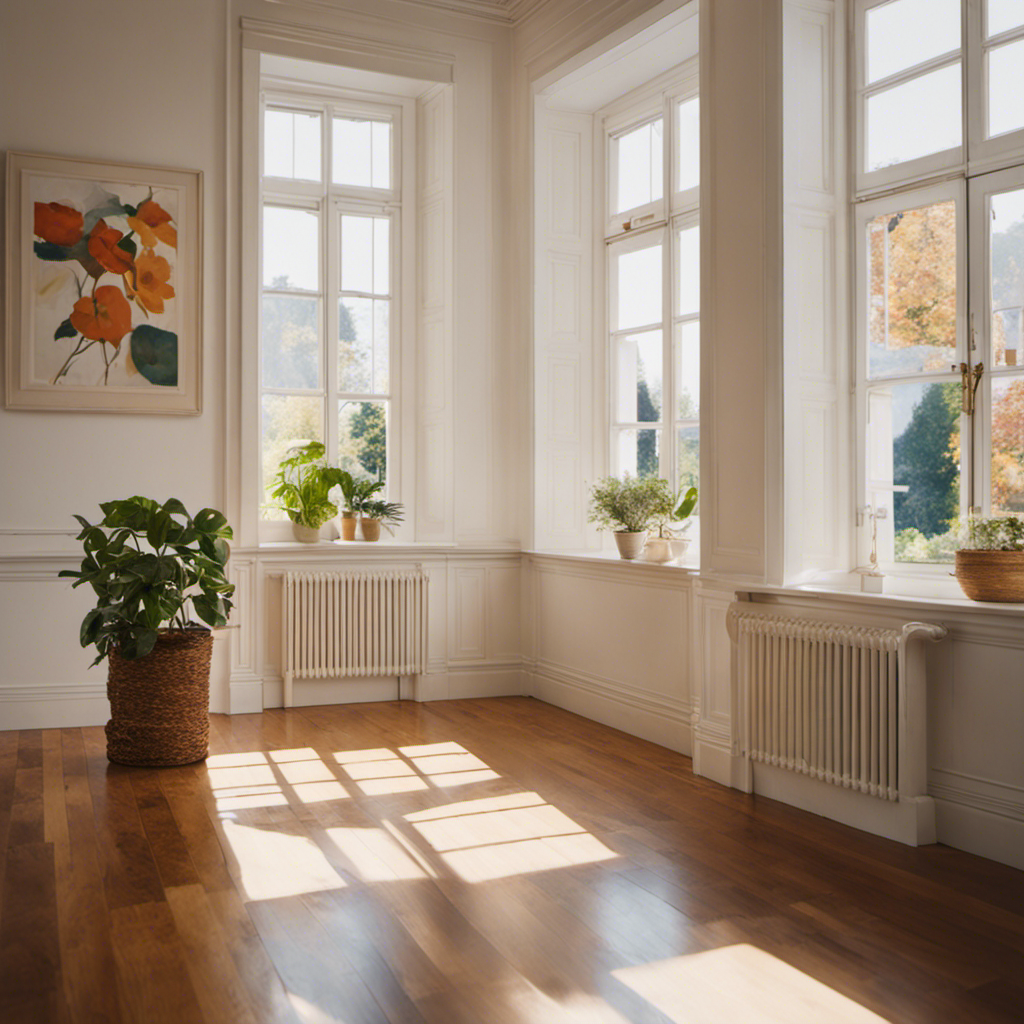 An image capturing a room bathed in warm sunlight pouring through newly painted windows, highlighting the crisp, white walls adorned with vibrant artwork, and reflecting off the glossy, freshly painted wooden floors