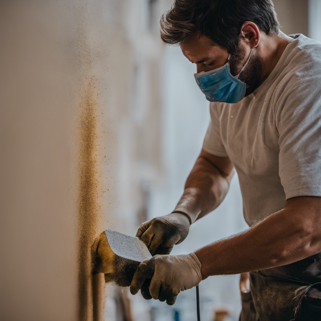 -up image of a skilled painter in York carefully sanding the walls, with fine dust particles floating in the air, preparing the surface for a flawless paint job