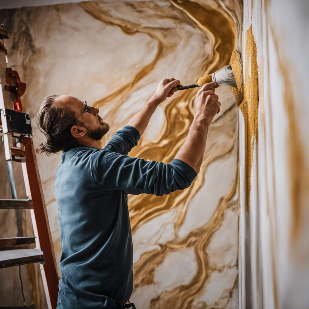 An image showcasing a skilled painter in York effortlessly applying a faux finishing technique, expertly transforming a plain wall into a stunning marble masterpiece, inspiring readers to explore diverse painting techniques for their homes