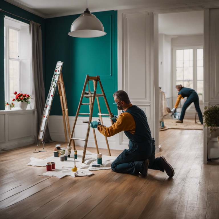 An image showcasing a skillful painter meticulously applying fresh coats of vibrant, high-quality paint to transform a dull, outdated room into a stylish, inviting space, evoking a sense of modern elegance