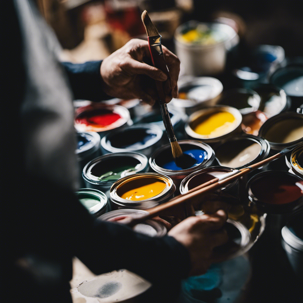 An image depicting a professional York-based painter meticulously inspecting a paintbrush, with a color palette and various paint cans neatly arranged nearby