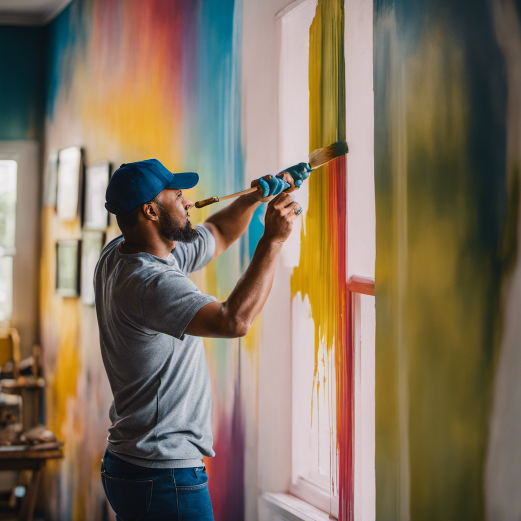 An image showcasing a skilled local York painter meticulously applying a smooth coat of paint to a wall, while vibrant colors and flawless finish transform the room into a stunning masterpiece