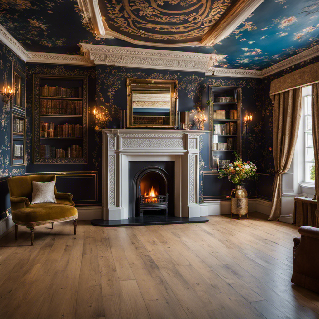 An image showcasing a beautifully painted room with intricate patterns on the walls, complemented by a perfectly finished ceiling and a meticulously decorated fireplace, highlighting the diverse services offered by York Painters and Decorators