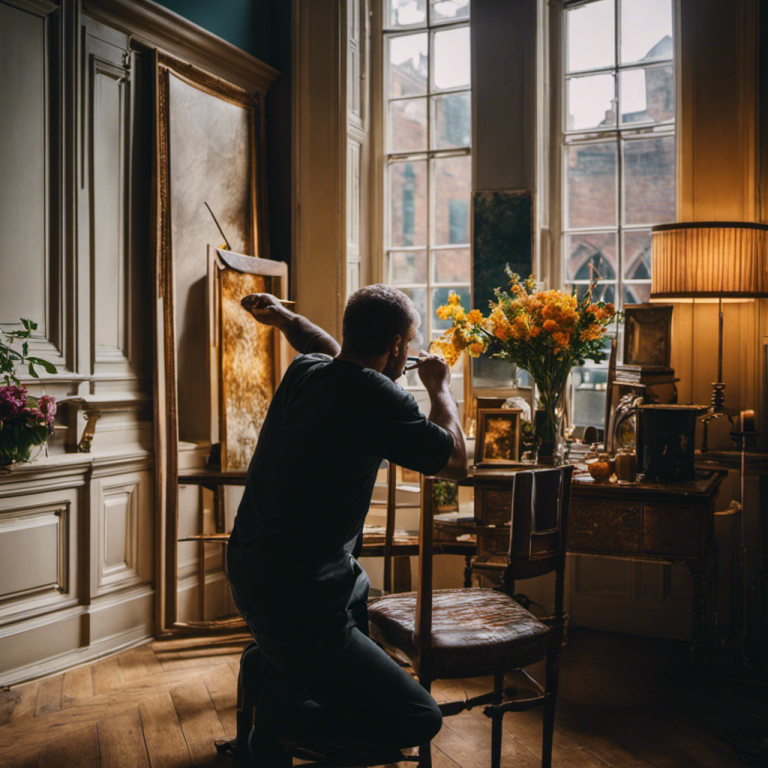 An image showcasing a skilled painter effortlessly transforming a dull room into a vibrant oasis by delicately applying brushstrokes to the walls, while the decorator skillfully arranges tasteful furniture and accessories, all amidst the picturesque streets of York