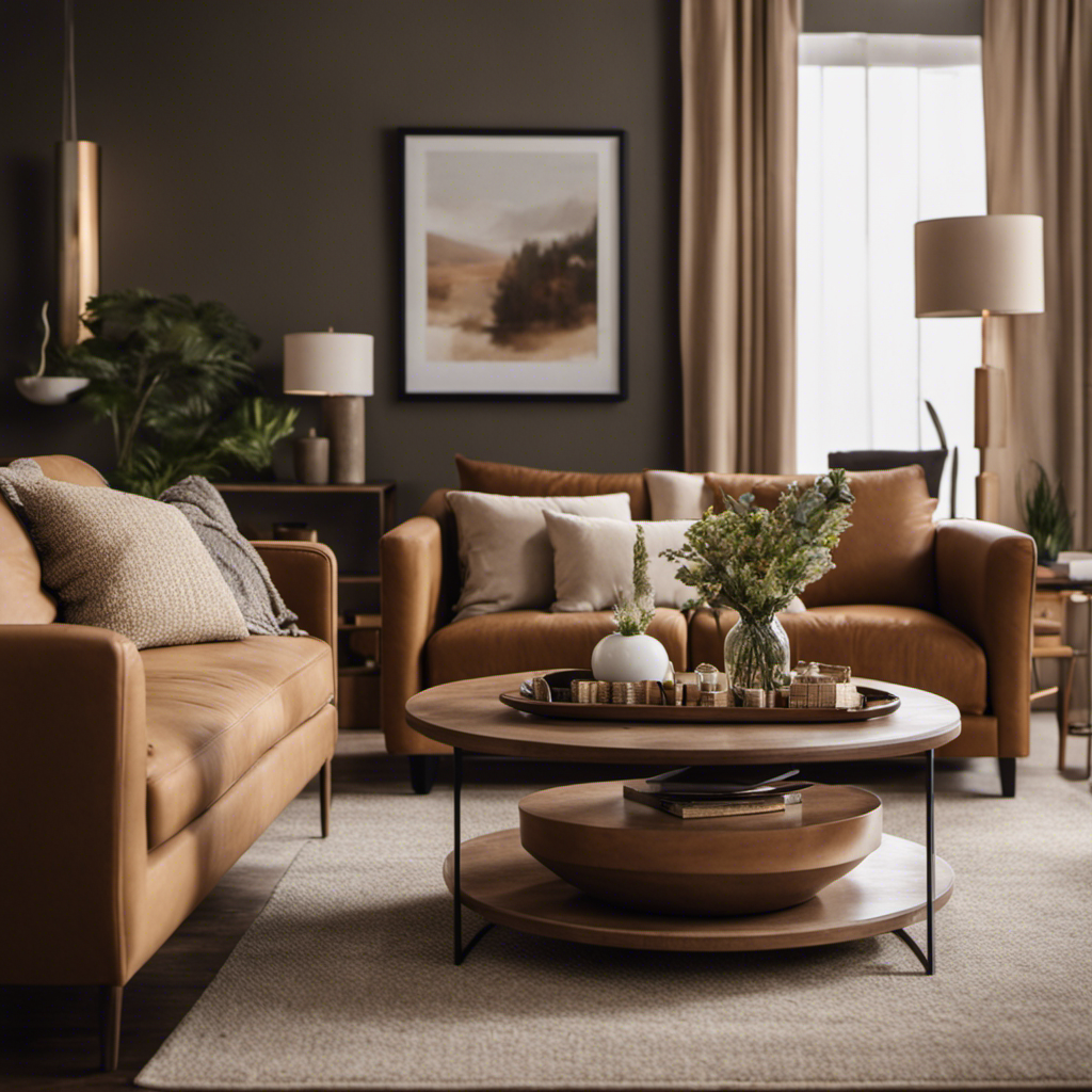 An image of a beautifully painted living room with a sophisticated color palette, showcasing the perfect blend of warm earth tones and cool neutrals, in harmony with the surrounding furniture and decor