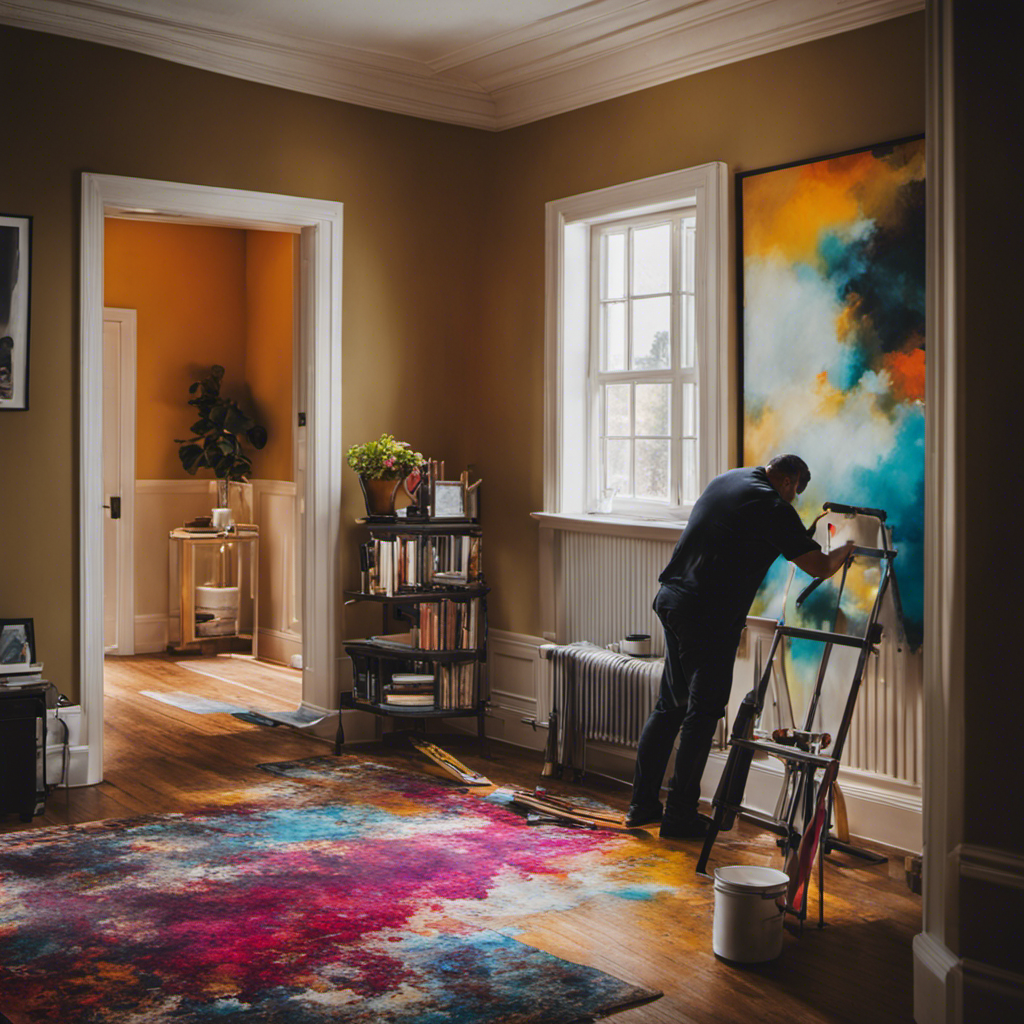 An image showcasing a skilled painter effortlessly transforming a dull, outdated room into a vibrant, modern space