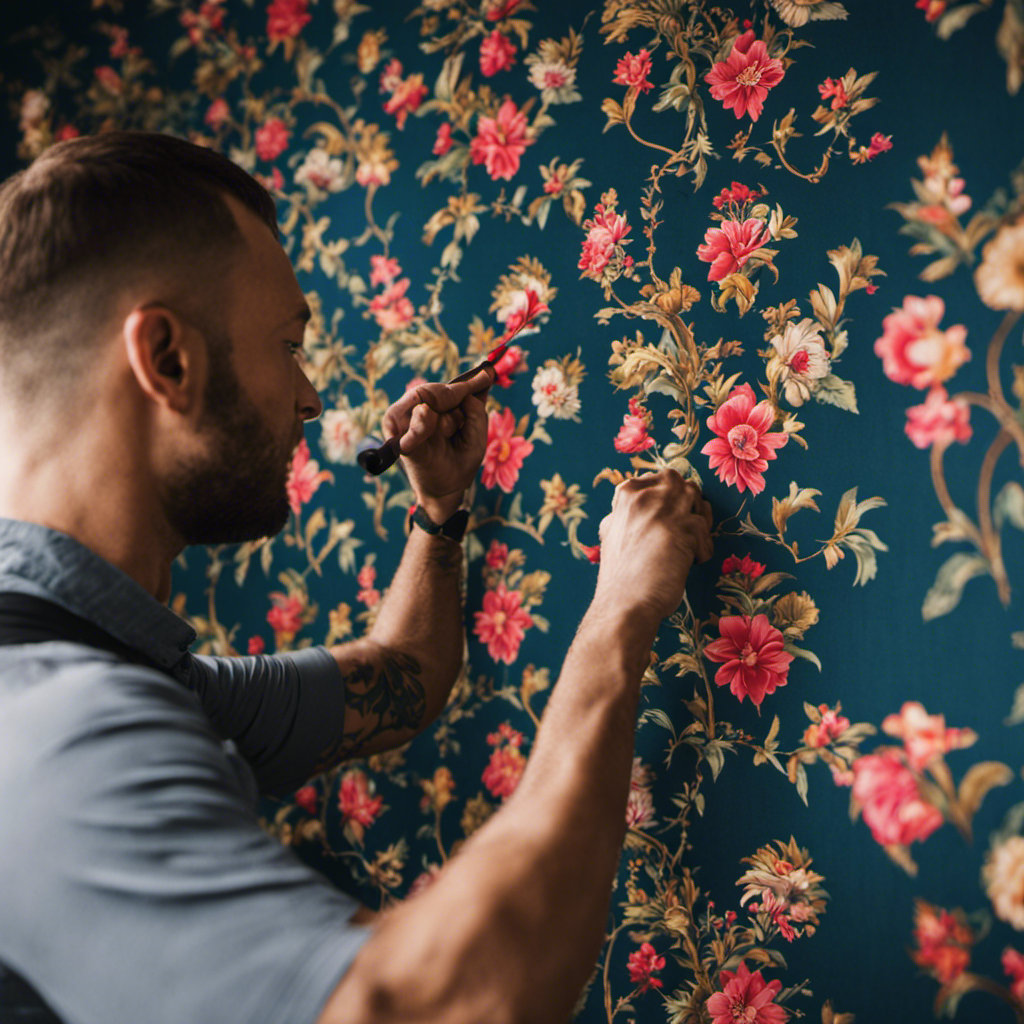 An image showcasing a professional wallpaper installer meticulously placing a vibrant, intricate patterned wallpaper onto a living room wall in York