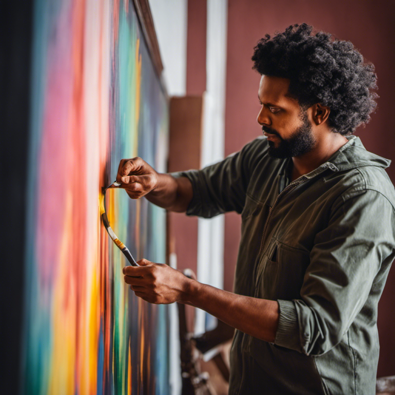 An image showcasing a skillful painter meticulously applying a coat of vibrant, high-quality paint to a beautifully designed living room wall, effortlessly transforming it into a stunning work of art