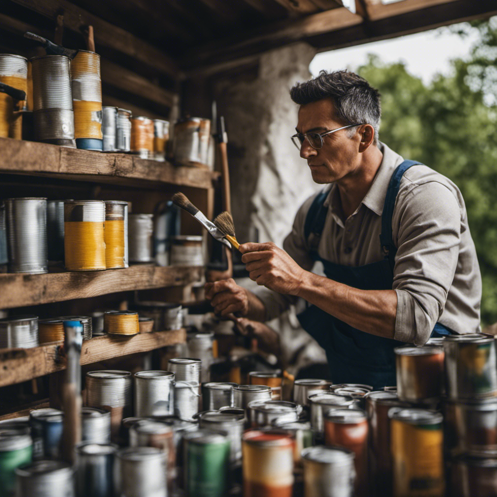 An image showcasing a skilled painter meticulously inspecting and repairing the exterior of a beautiful suburban home, surrounded by neatly stacked cans of high-quality paint, brushes, and other professional tools