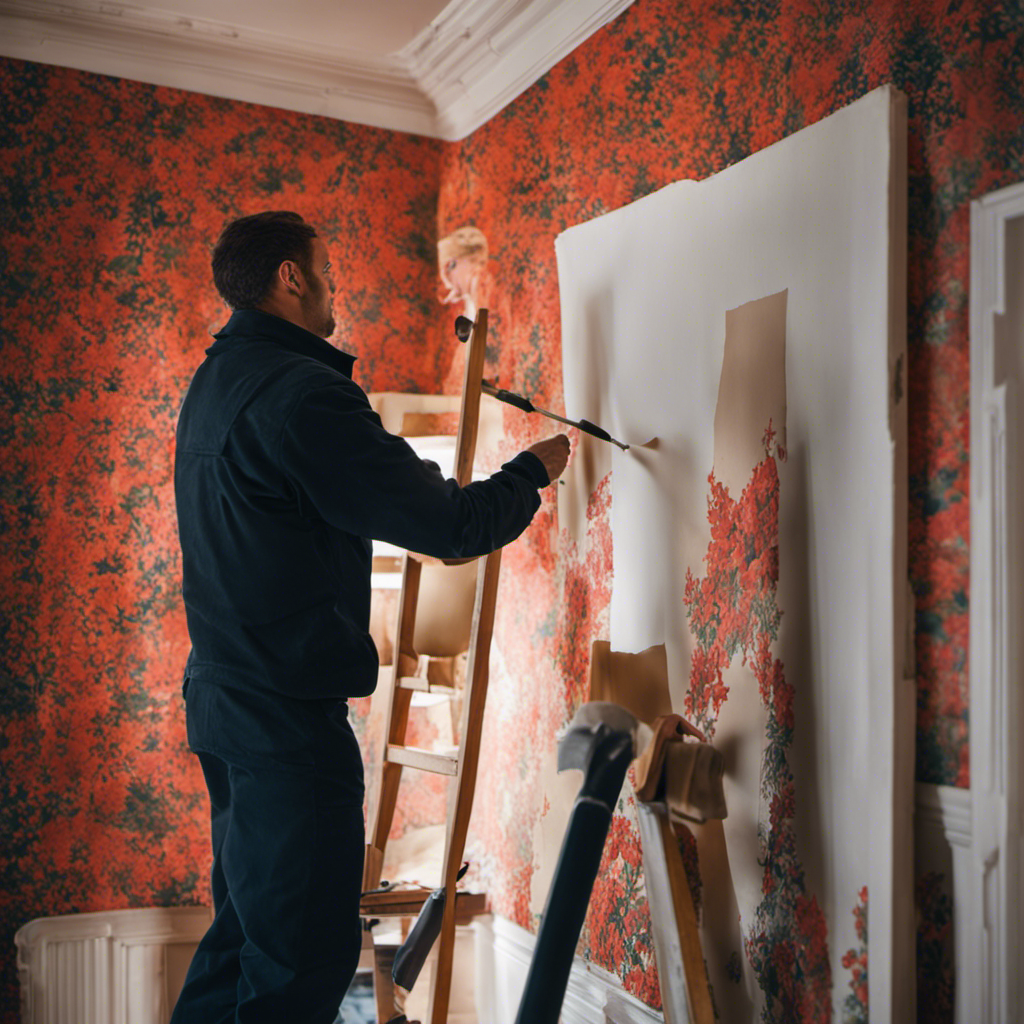 An image showcasing a skilled York painter effortlessly removing old wallpaper, revealing a perfectly smooth wall