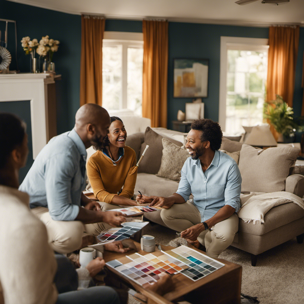 An image showcasing two experienced painters discussing color schemes with a delighted homeowner in a cozy living room