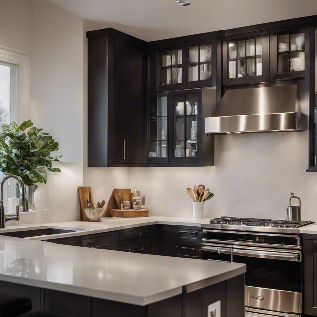 An image showcasing a sleek, modern kitchen with pristine quartz countertops, custom cabinetry, and gleaming stainless steel appliances