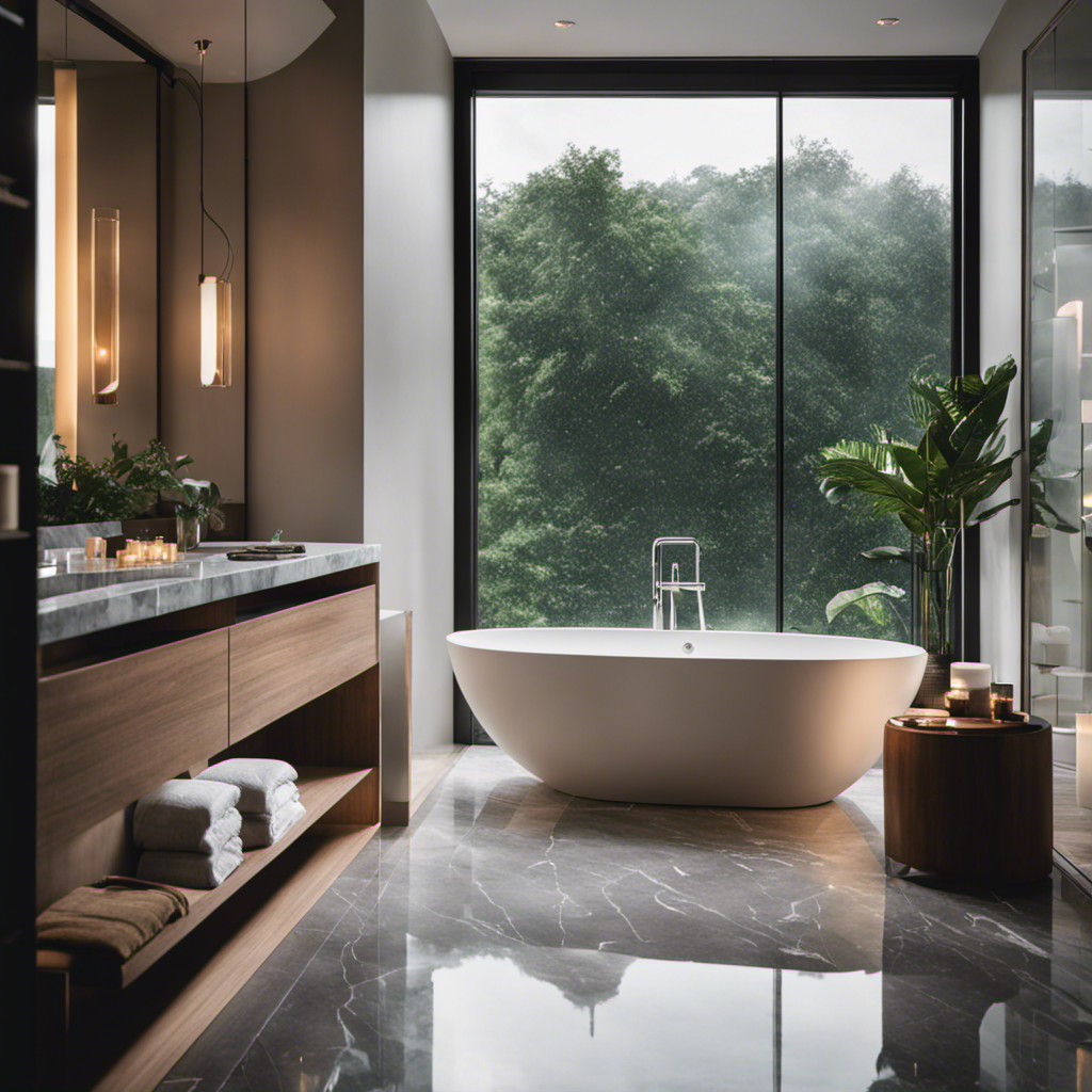 A serene and luxurious bathroom oasis, featuring a spacious glass-enclosed shower with rain showerhead, a freestanding bathtub with a view, elegant marble countertops, and soft ambient lighting