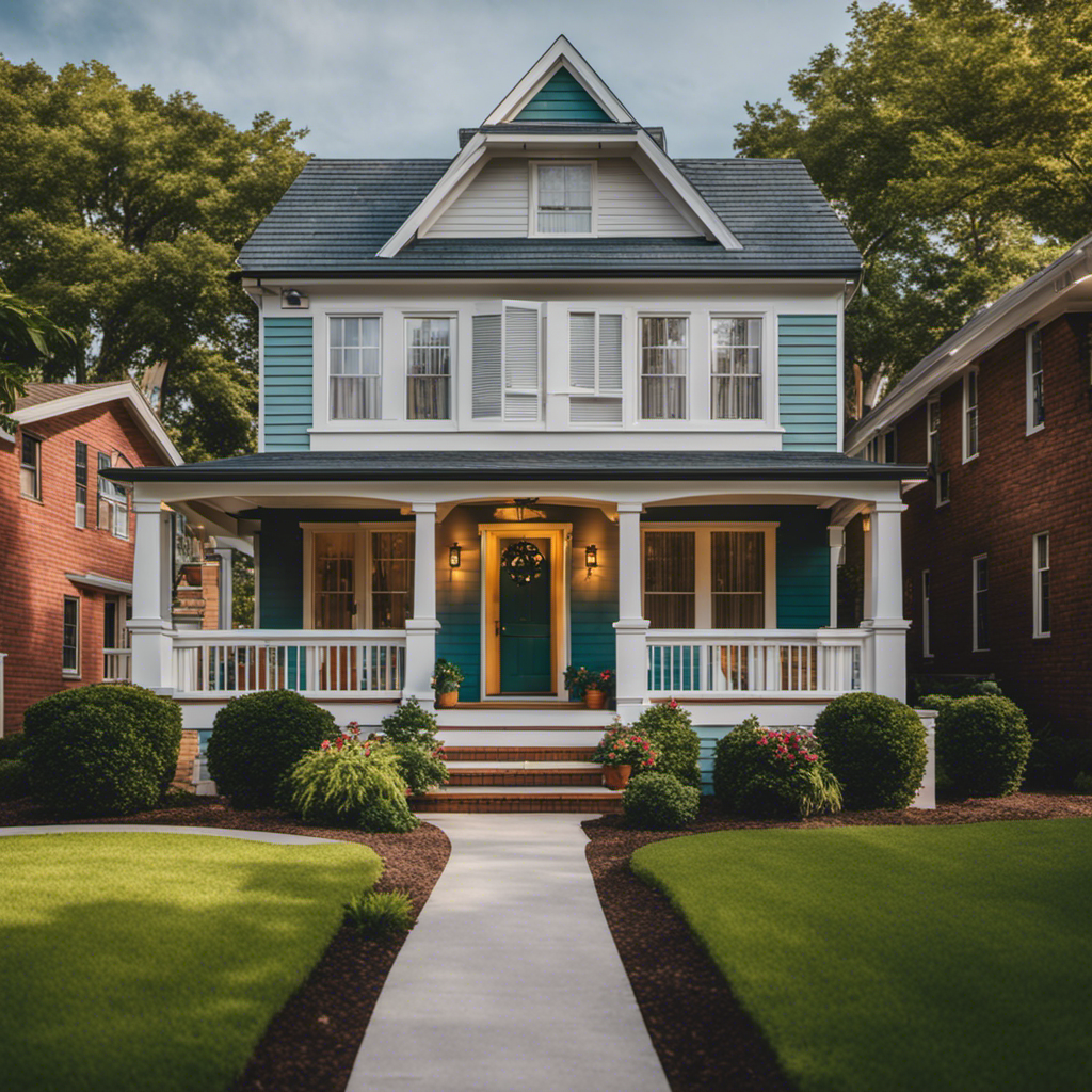 An image showcasing a beautifully transformed York house exterior, featuring a freshly painted facade with vibrant colors, modern windows with elegant shutters, a neatly landscaped front yard, and a welcoming porch adorned with decorative lighting and stylish furniture